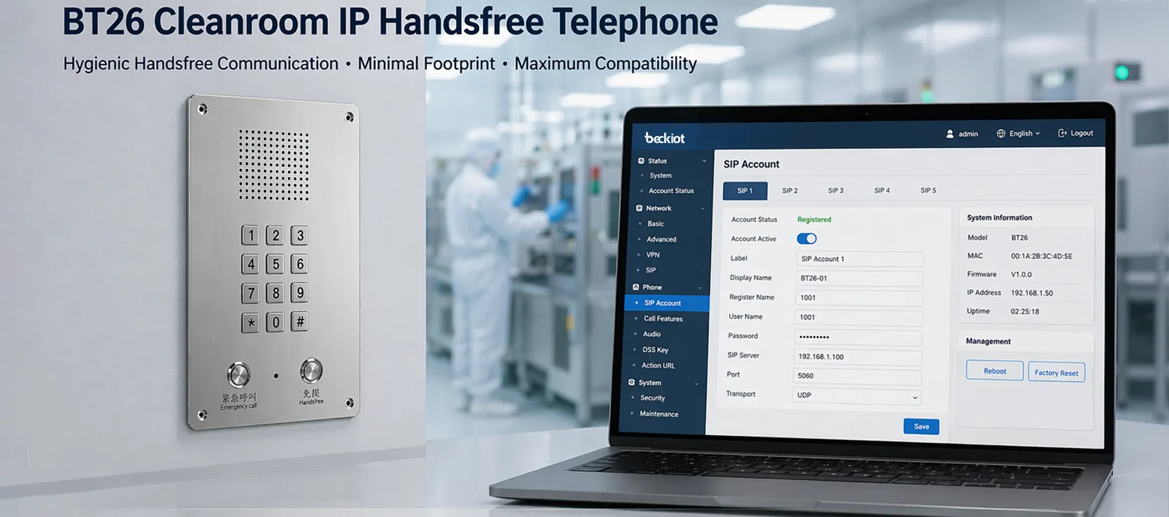 BT26 Cleanroom IP Handsfree Telephone with web-based SIP configuration and remote management interface