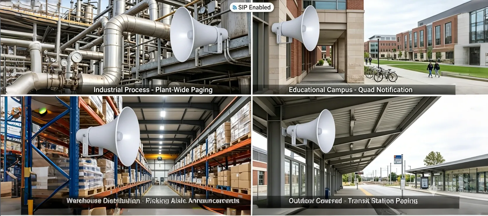 PA-BHS-IP50 SIP Speaker deployed in industrial, campus, warehouse, or outdoor covered paging environments