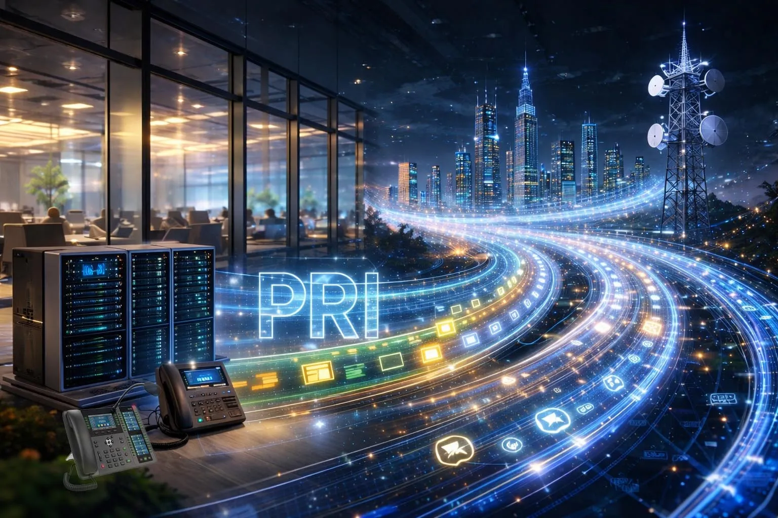 Primary Rate Interface connecting an enterprise PBX to a carrier network over a digital trunk with multiple voice channels and a dedicated signaling channel Primary Rate Interface connecting an enterprise PBX to a carrier network over a digital trunk with multiple voice channels and a dedicated signaling channel