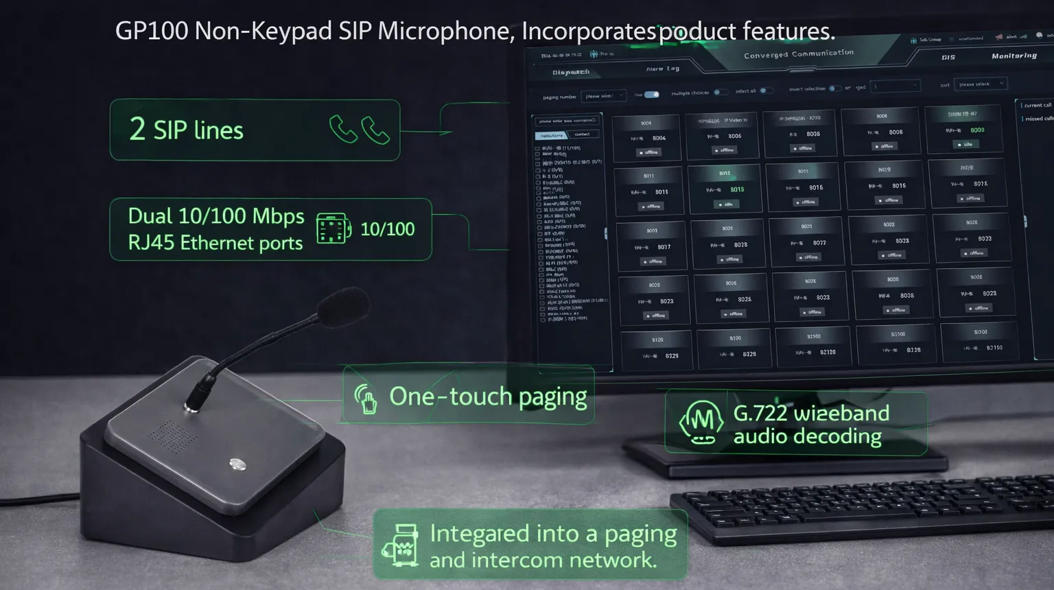 GP100 Non-Keypad SIP Microphone integrated into a paging and intercom network