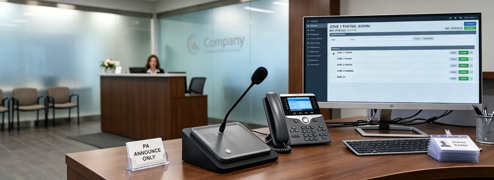 GP100 Non-Keypad SIP Microphone used at a reception or control desk for announcements