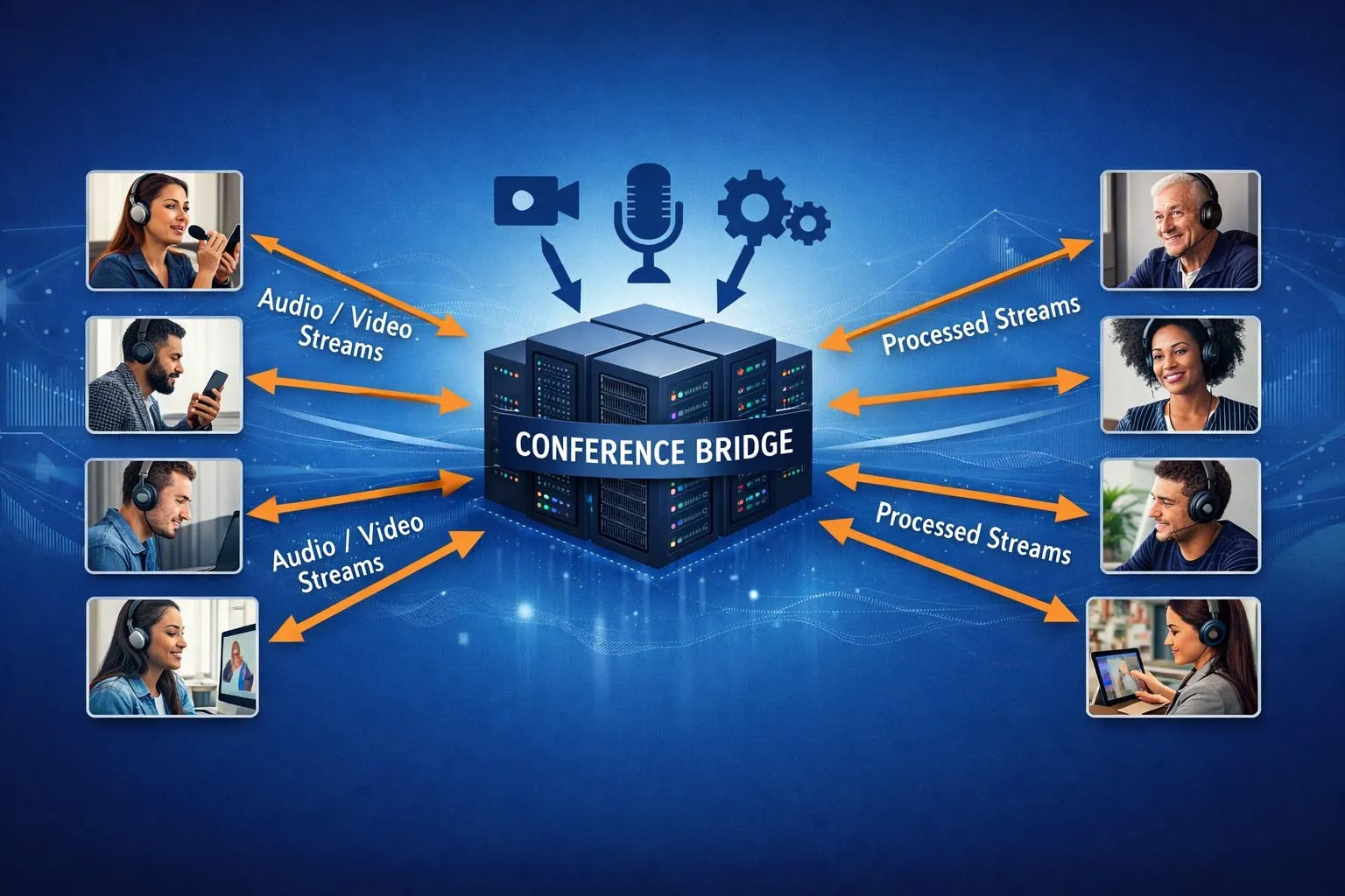 Conference bridge connecting multiple desk phones, soft clients, and external callers into one shared conference session across enterprise communications networks
