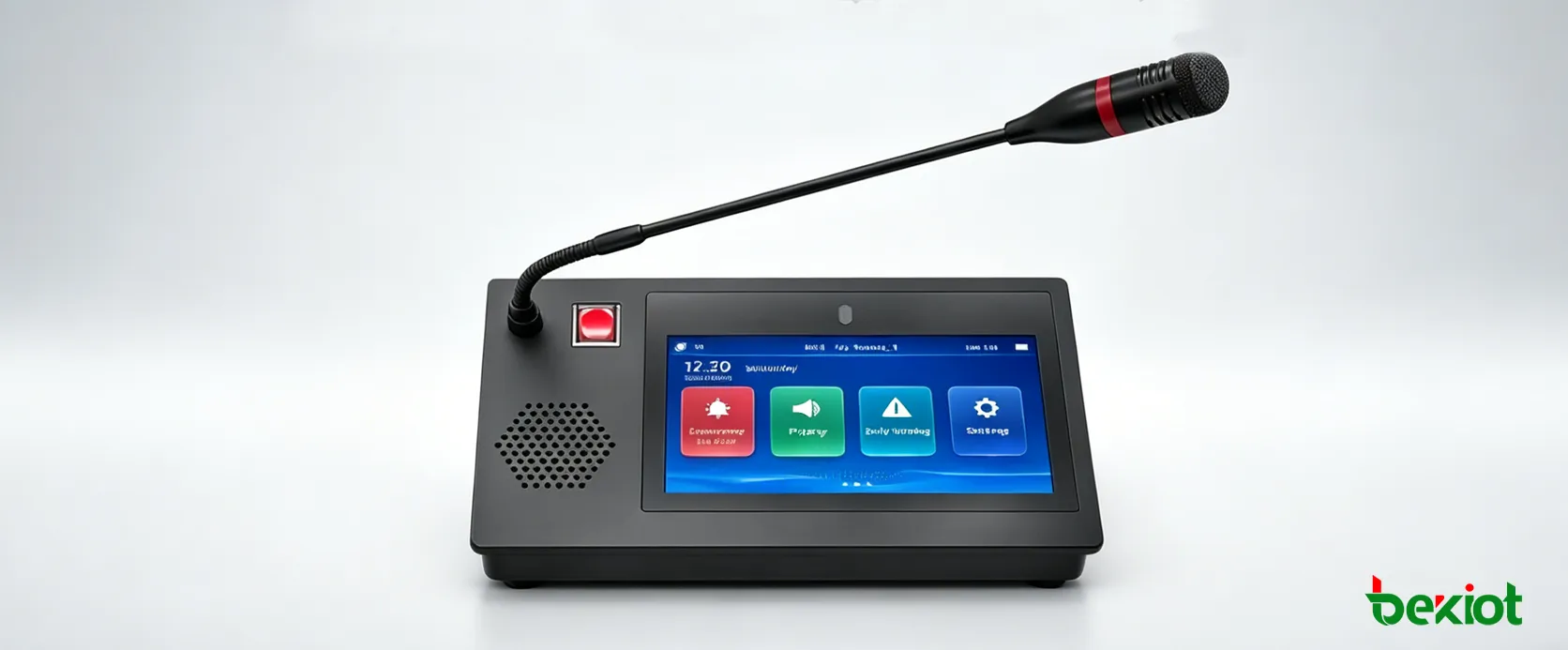 GP600N SIP microphone with 7-inch touchscreen on a desktop paging station