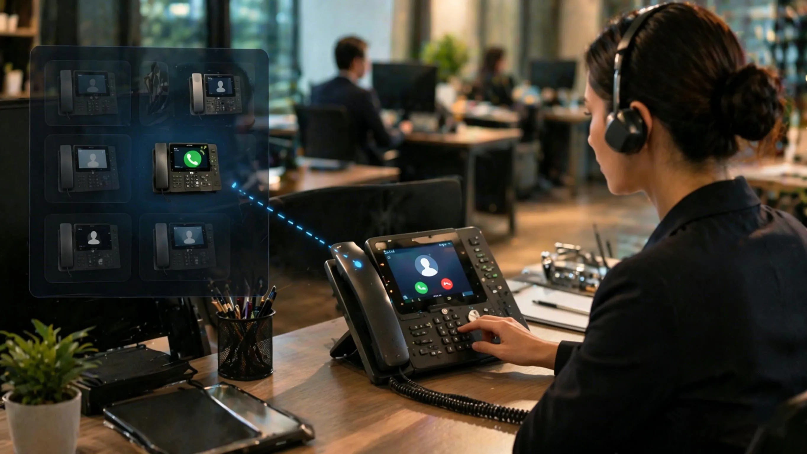 Call pickup workflow showing a ringing extension, another authorized user activating pickup, and the PBX redirecting the call to the answering phone Call pickup workflow showing a ringing extension, another authorized user activating pickup, and the PBX redirecting the call to the answering phone