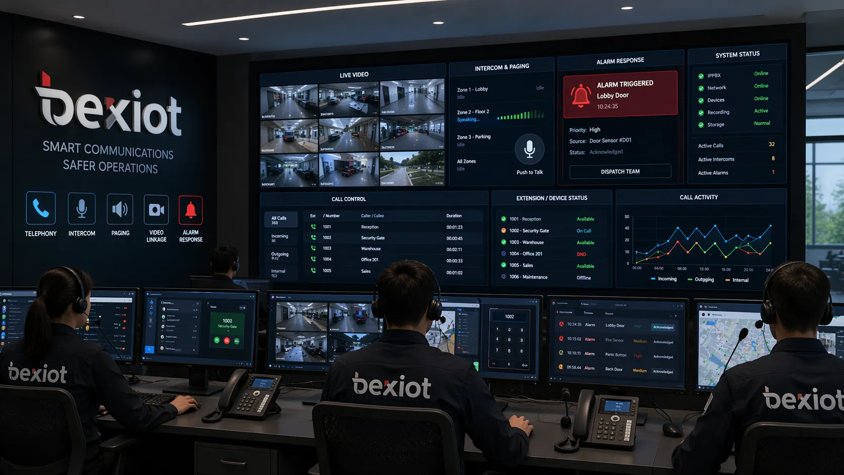 Control room using Becke IPPBX software for telephony, intercom, paging, video linkage, and alarm response