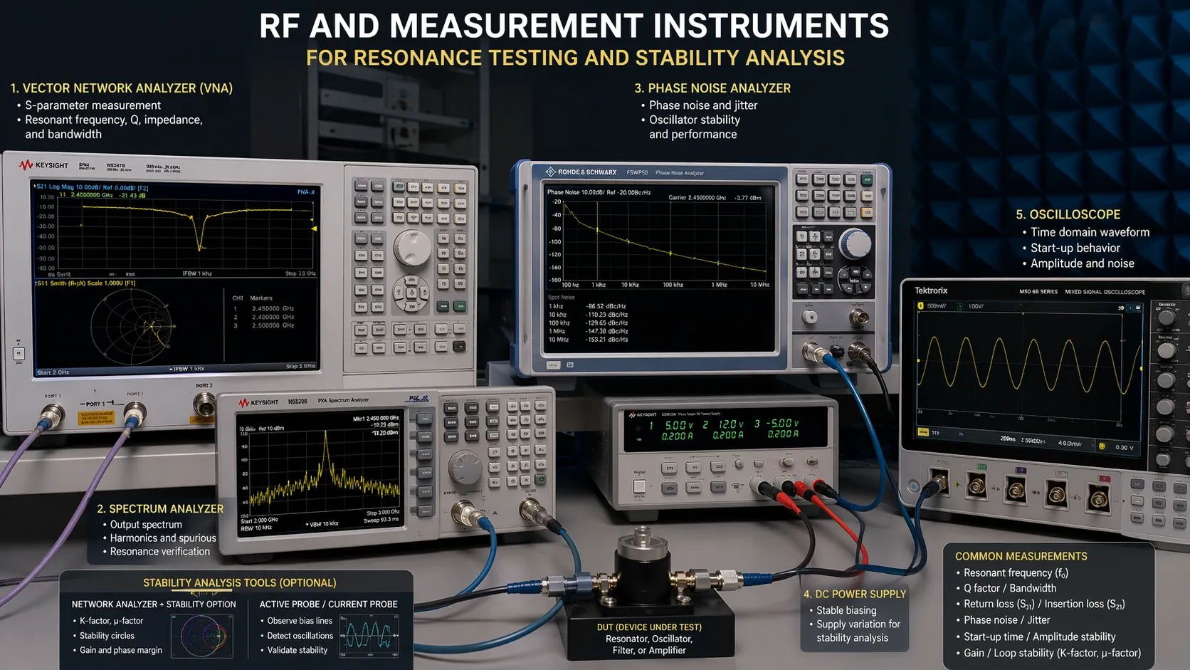 RF and measurement instruments used for resonance testing and stability analysis