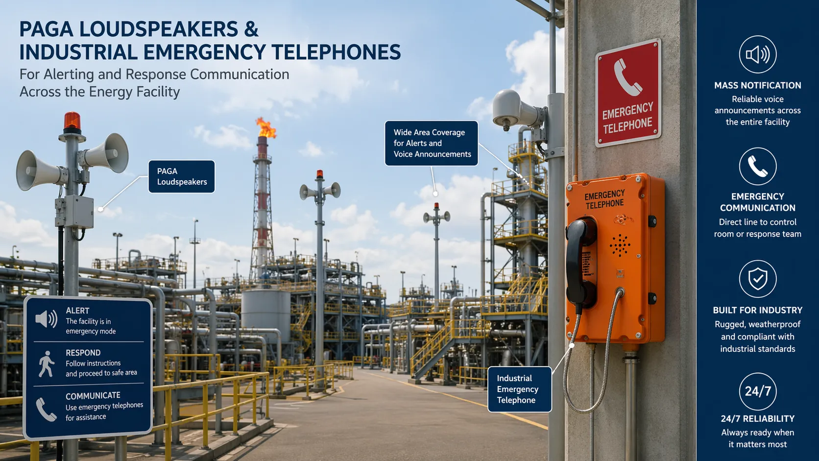 PAGA loudspeakers and industrial emergency telephones installed across an energy facility for alerting and response communication