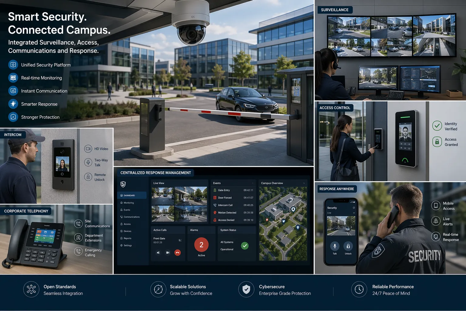 Operator speaking through dispatch console while reviewing surveillance video and coordinating field response