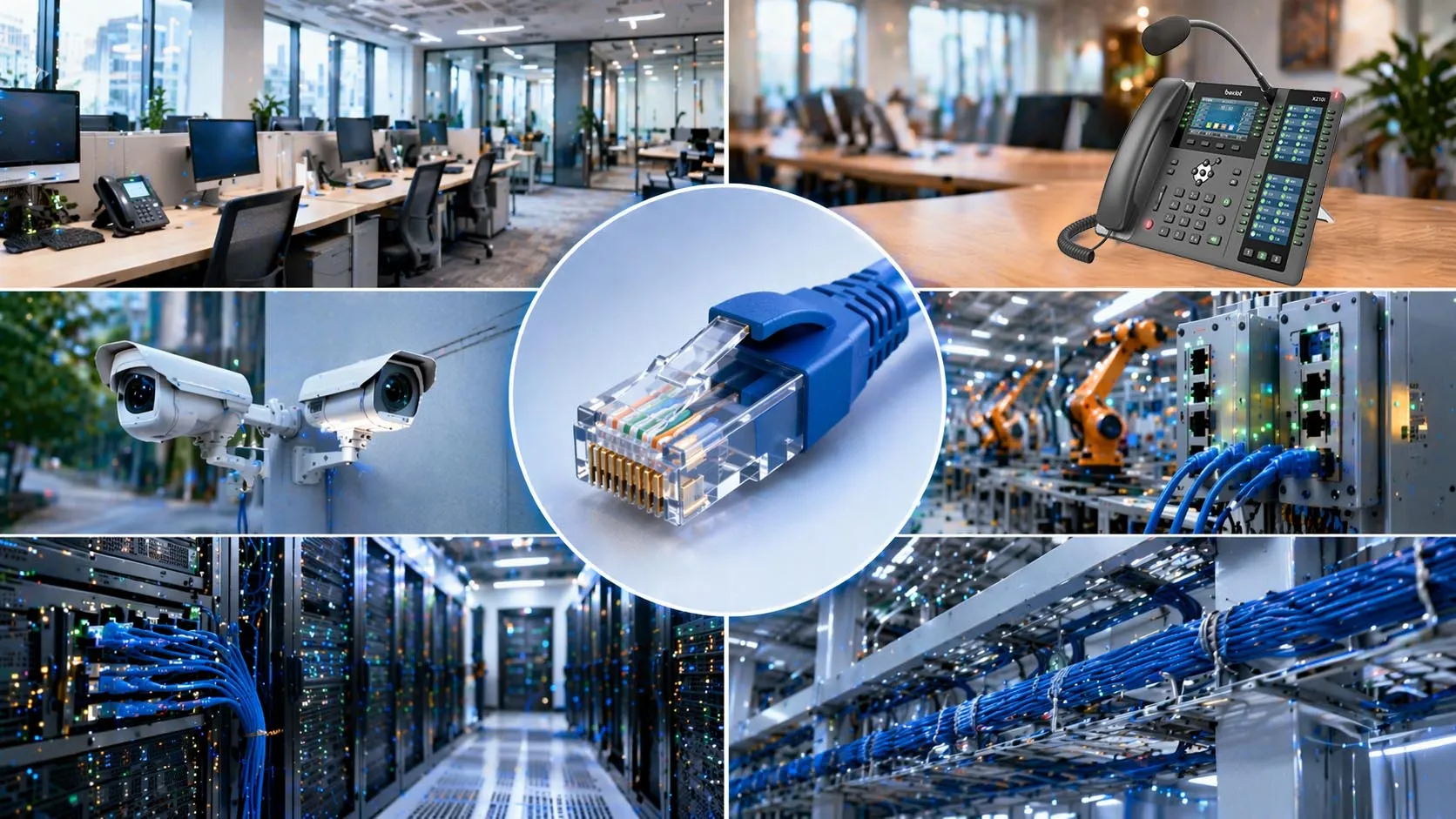 Ethernet cable with RJ45 connector connected to office networking equipment