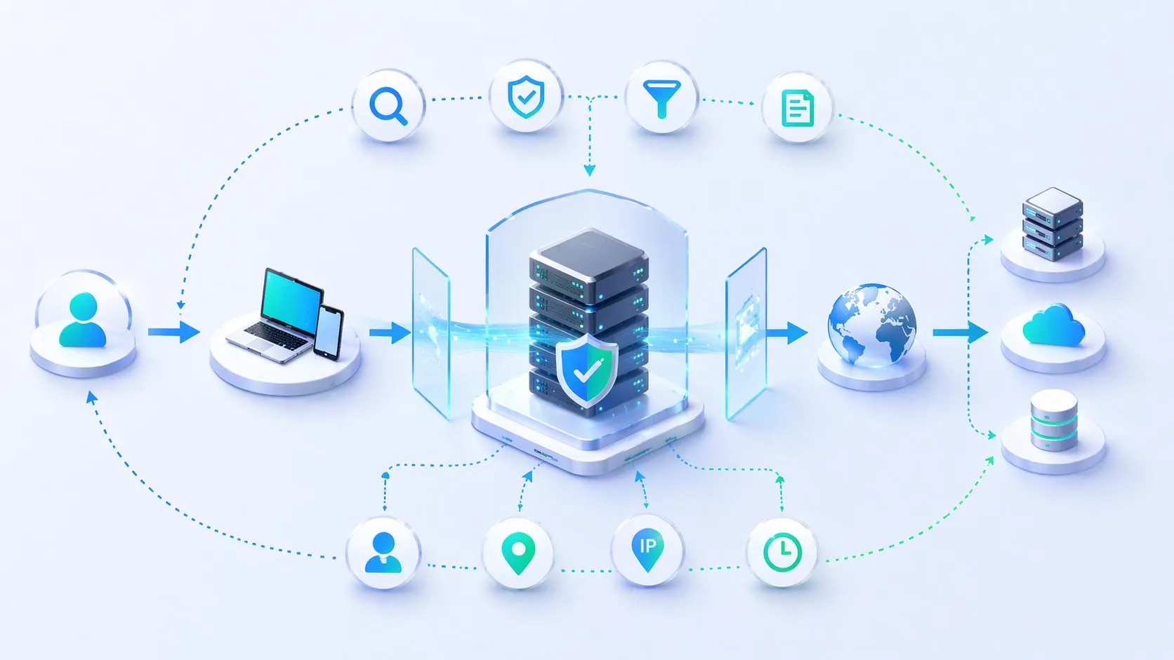 Proxy server request flow showing client traffic entering the proxy, policy inspection and forwarding, then response relay back to the requester Proxy server request flow showing client traffic entering the proxy, policy inspection and forwarding, then response relay back to the requester