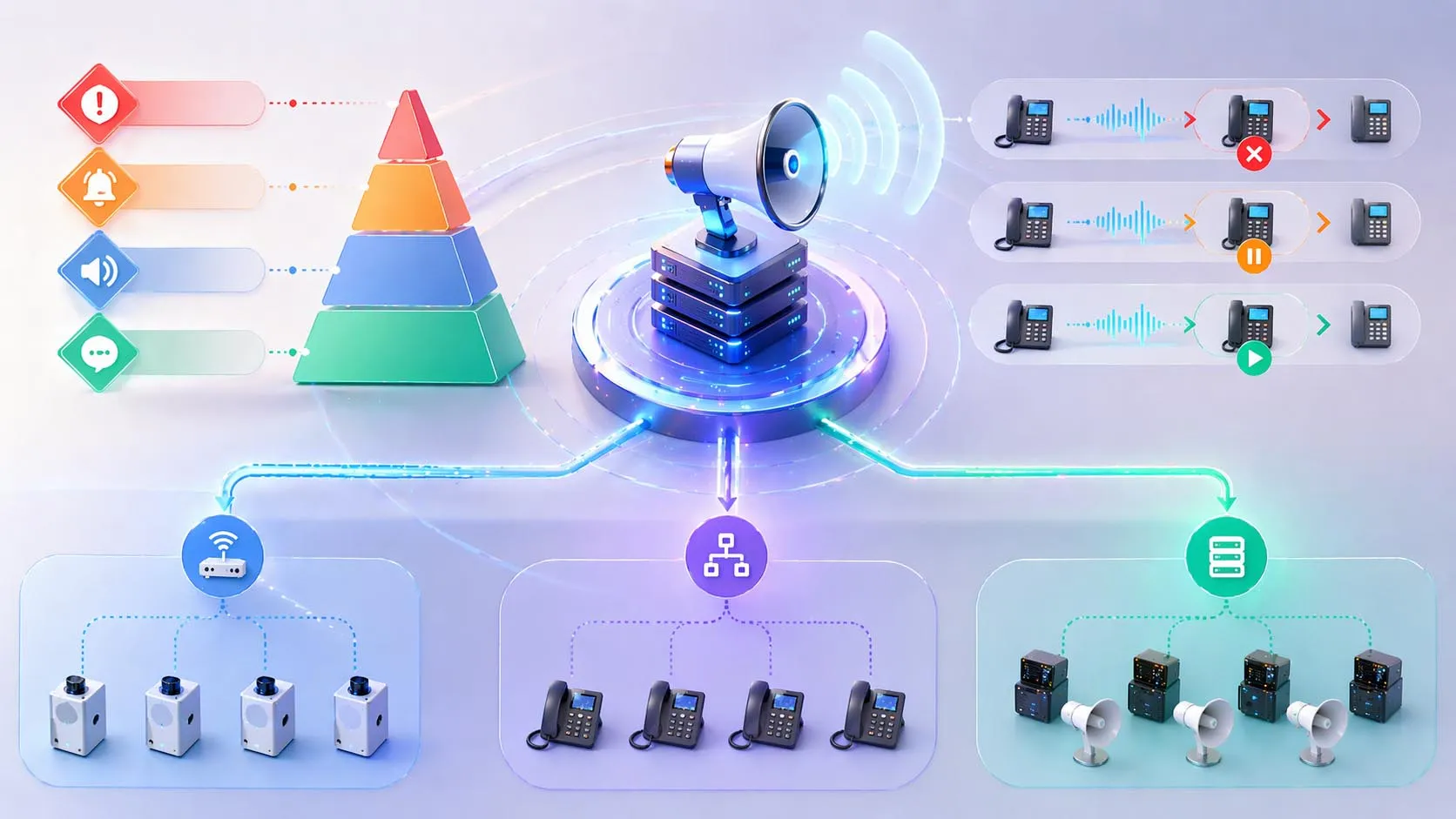 Priority paging workflow showing normal, high, and emergency pages being processed through PBX, multicast paging, and endpoint interruption rules Priority paging workflow showing normal, high, and emergency pages being processed through PBX, multicast paging, and endpoint interruption rules