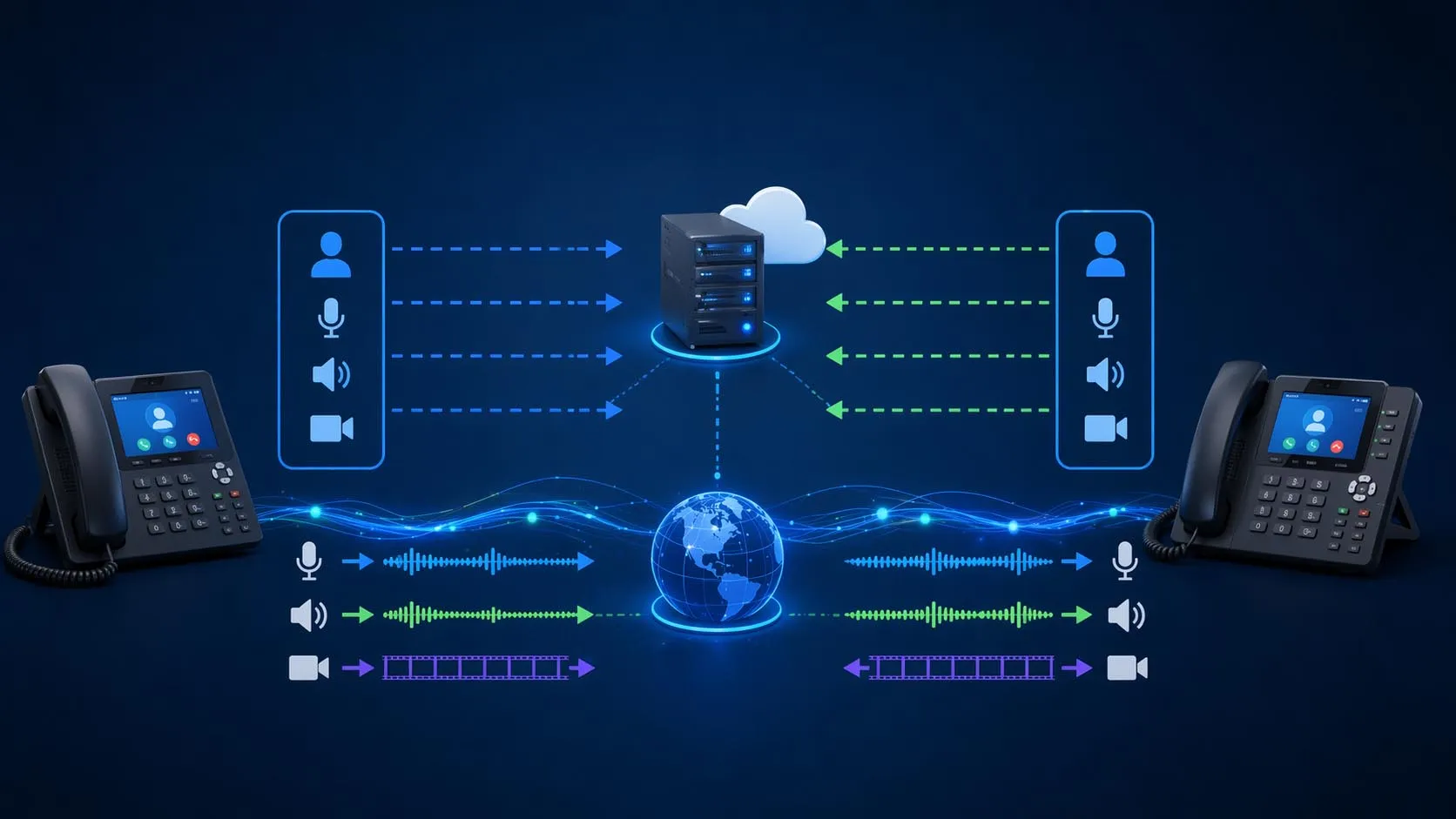 SIP establishes and manages the session through signaling, while media details are negotiated and the actual media typically flows separately. SIP establishes and manages the session through signaling, while media details are negotiated and the actual media typically flows separately.