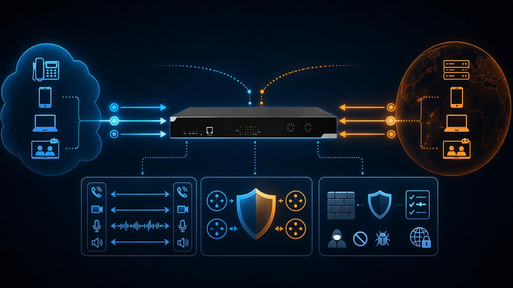 Session Border Controller processing SIP signaling and media between two IP networks while applying security, policy, and interworking functions Session Border Controller processing SIP signaling and media between two IP networks while applying security, policy, and interworking functions