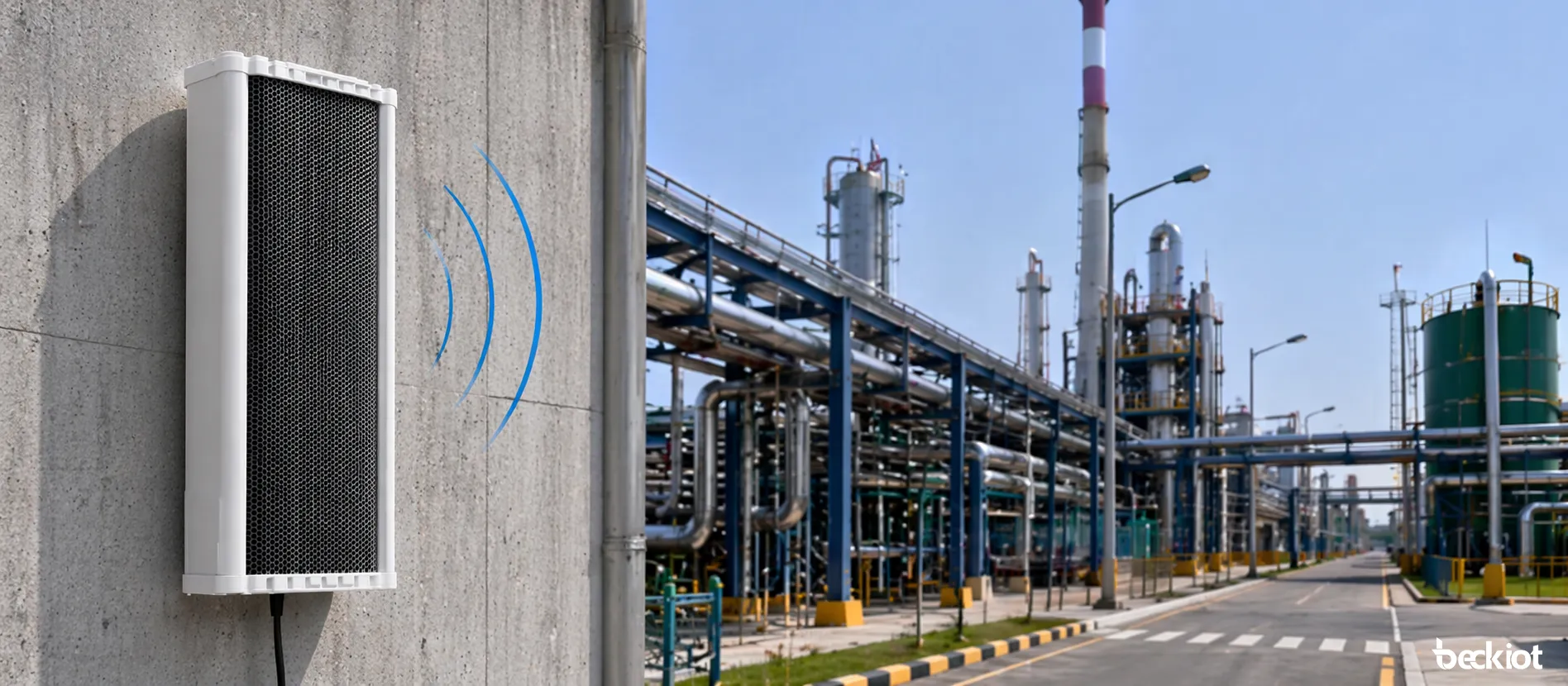 SK12 SIP 120W audio column speaker installed on an outdoor industrial wall for high-power public address coverage